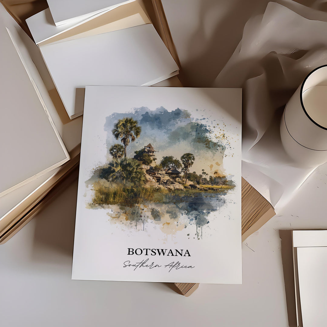 Botswana Wall Art, Botswana Print, Botswana Watercolor Art, Botswana Africa Gift, Travel Print, Travel Poster, Housewarming Gift