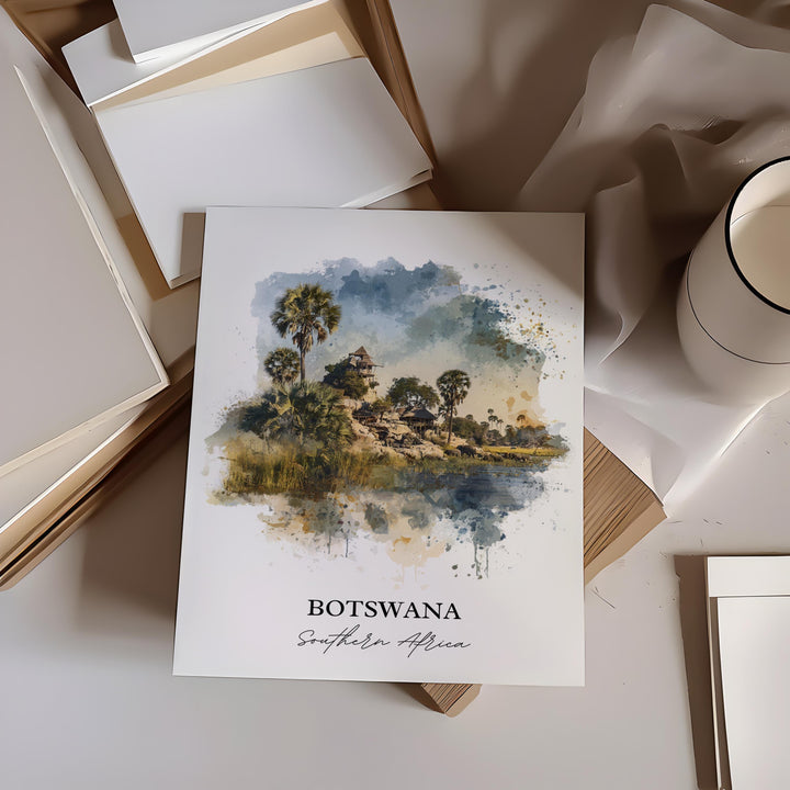 Botswana Wall Art, Botswana Print, Botswana Watercolor Art, Botswana Africa Gift, Travel Print, Travel Poster, Housewarming Gift