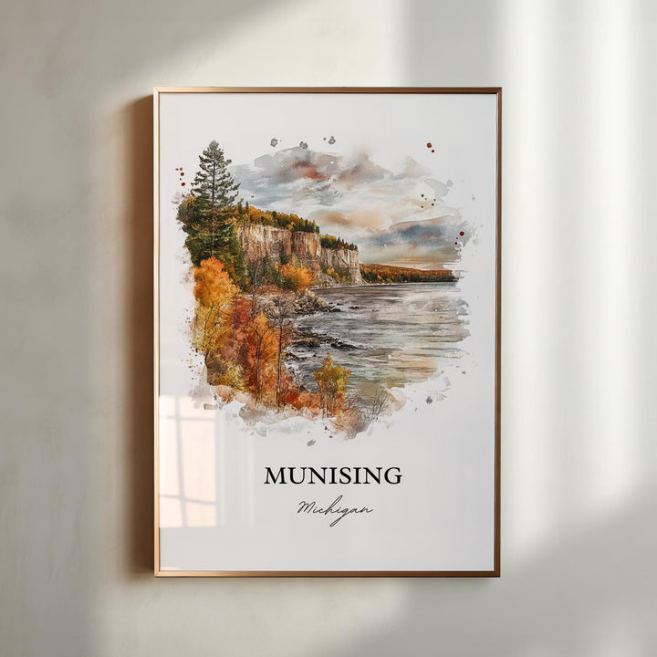 Munising MI Wall Art, Munising MI Print, Wagner Falls Watercolor Art, Munising Michigan Gift, Travel Print, Travel Poster, Housewarming Gift