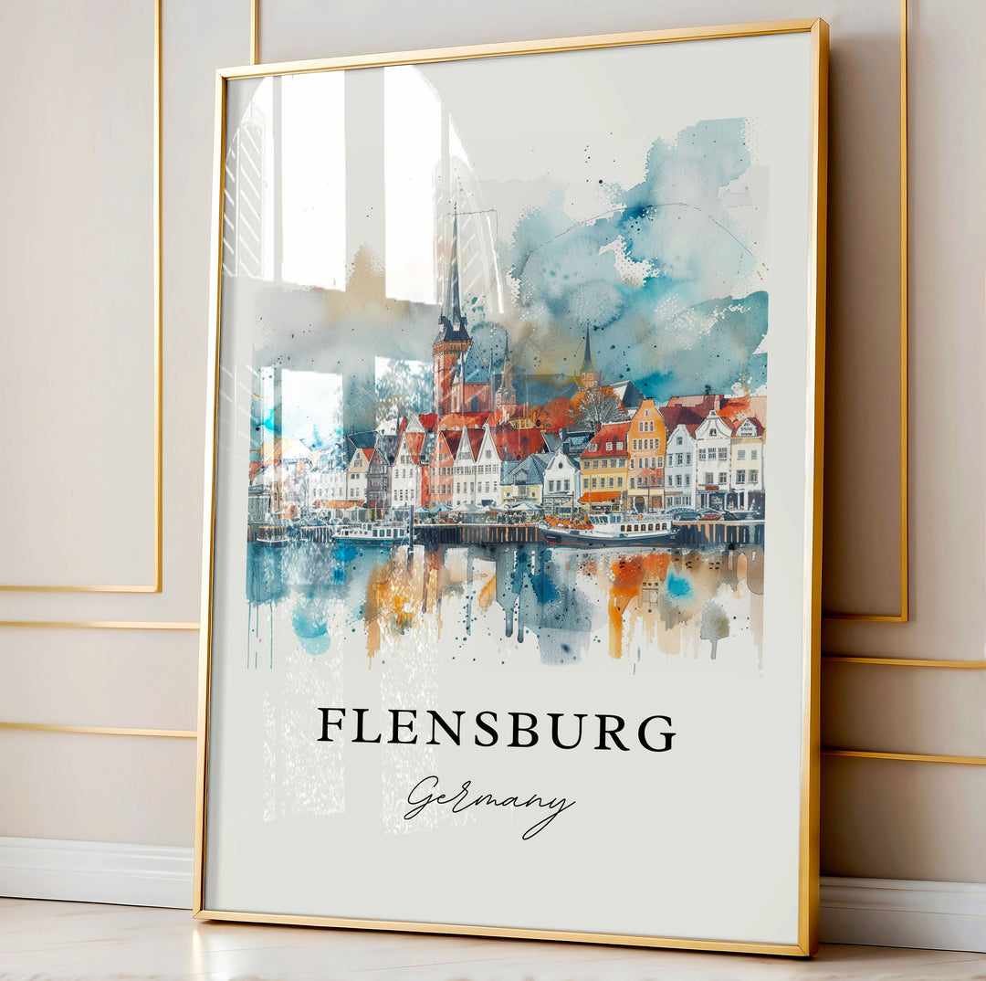 Flensburg Germany Art, Flensburg Print, Flensburg Watercolor Art, Flensburg Germany Gift,