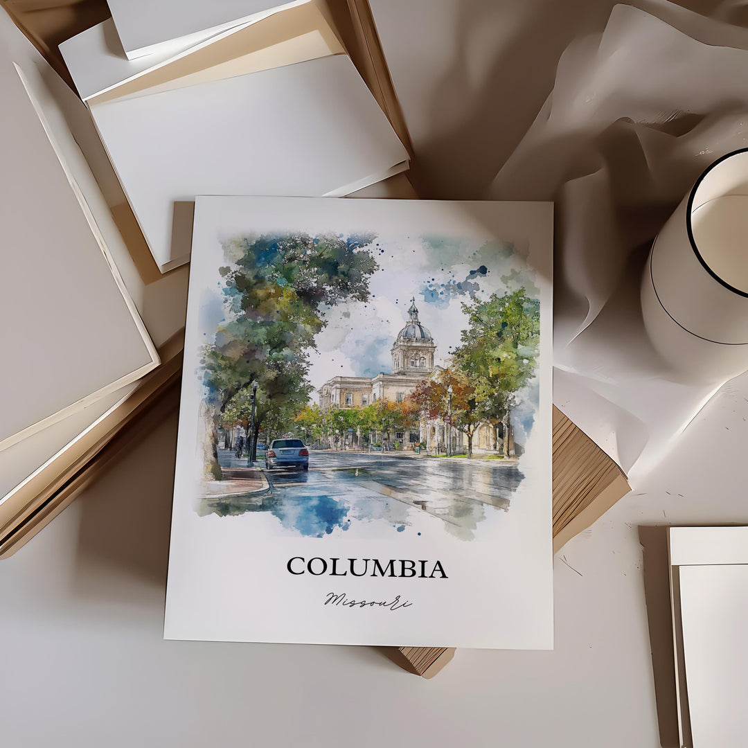 Columbia Missouri Art, Univ of Missouri City Print, Missouri Watercolor, Columbia MO Gift, Travel Print, Travel Poster, Housewarming Gift