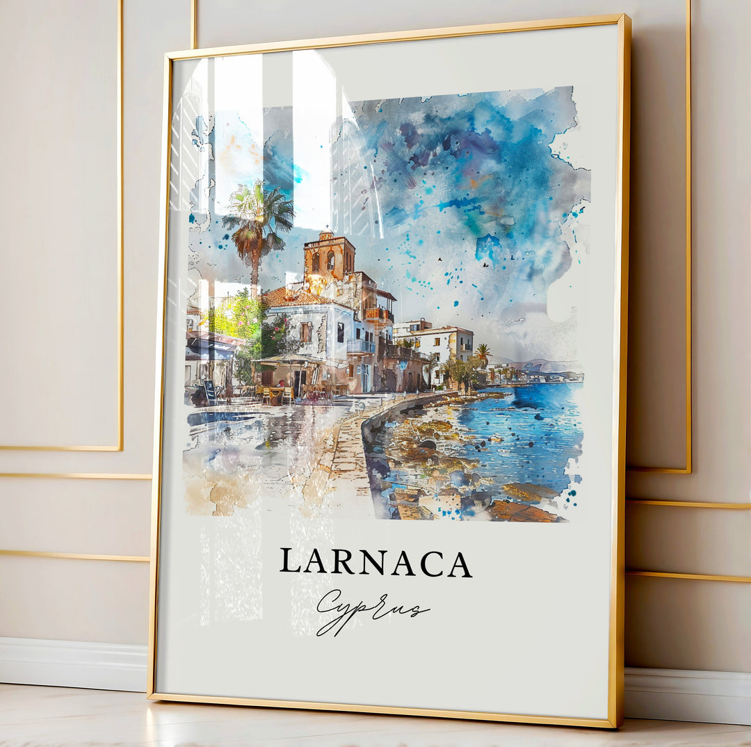 Larnaca Wall Art, Larnaca Print, Larnaca Cyprus Watercolor, Finikoudes Beach Cyprus Gift,