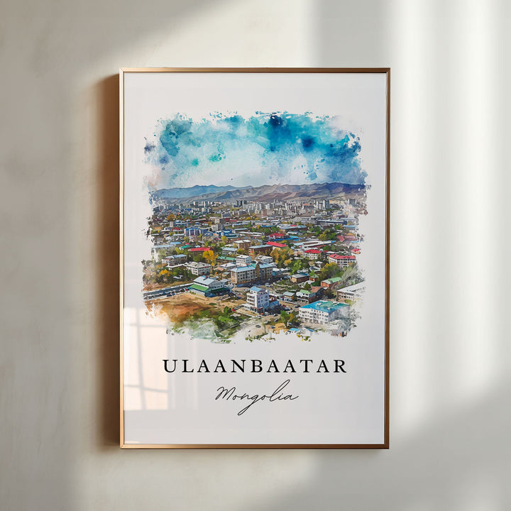 Ulaanbaatar watercolor travel art - Mongolia, Ulaanbatar print, Wedding gift, Birthday present, Custom Text, Perfect Gift