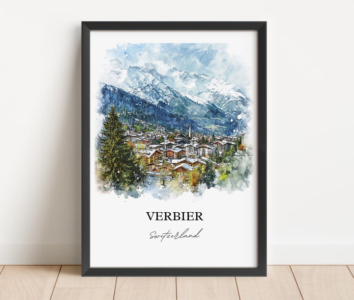 Verbier Wall Art, Verbier Switzerland Print, Switzerland Watercolor Art, Valais Canton Gift, Travel Print, Travel Poster, Housewarming Gif
