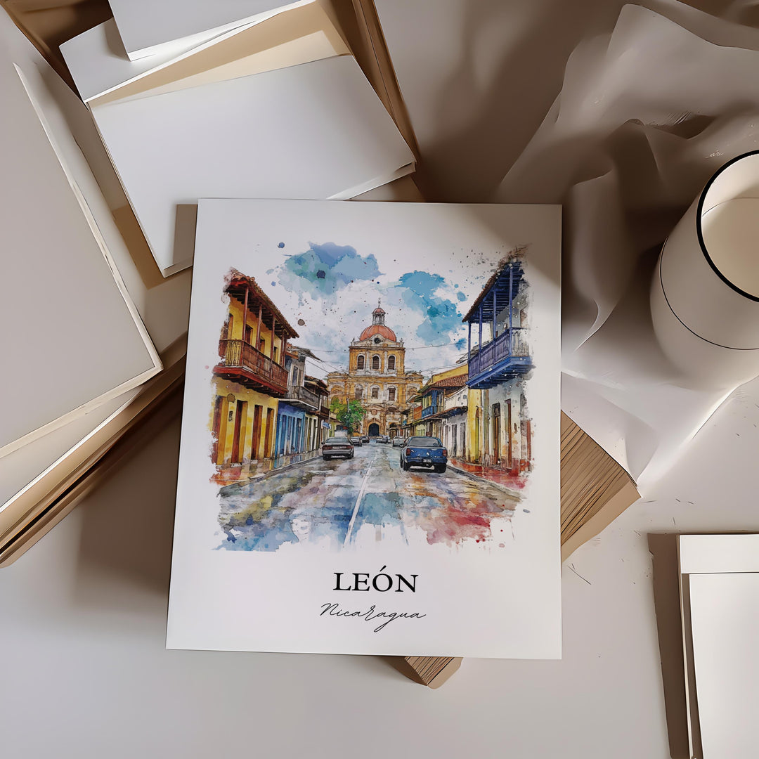 León Nicaragua Wall Art, León Print, Nicaragua Watercolor Art, Managua Gift, Travel Print, Travel Poster, Housewarming Gift