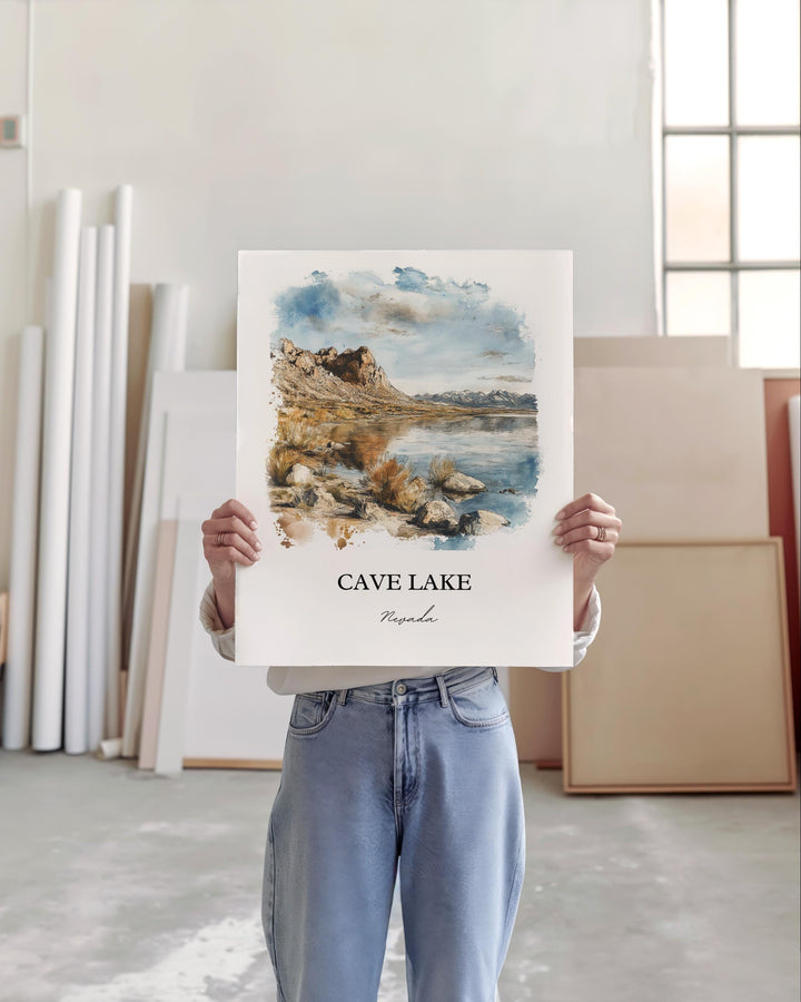 Cave Lake NV Wall Art, Nevada Print, Cave Lake Watercolor Art, Cave Lake Gift, Travel Print, Travel Poster, Housewarming Gift