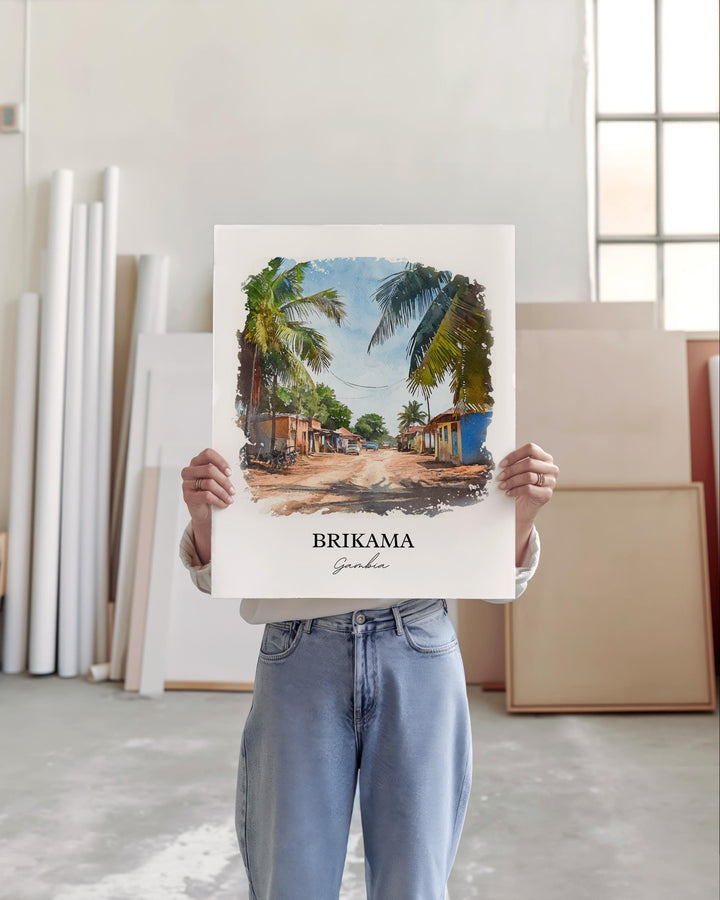 Brikama Wall Art, Gambia Print, Gambia Watercolor Art, Brikama Gambia Gift, Travel Print, Travel Poster, Housewarming Gift