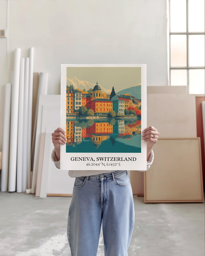 Geneva Art, Geneva Retro Travel Art, Geneva Home Decor, Geneva Switzerland Gift, Switzerland Travel Art, Travel Prints, Housewarming Gift