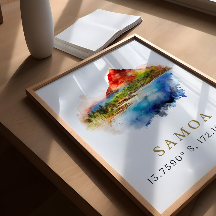 Samoa travel art - Samoa poster print with coordinates, Wedding gift, Birthday present, Custom Text, Perfect Gift