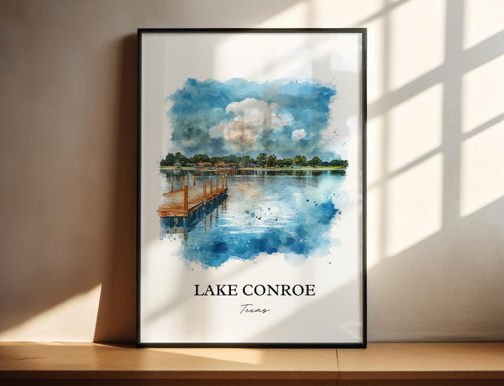 Lake Conroe Wall Art, Montgomery County Print, Texas Watercolor Art, Lake Conroe TX Gift, Travel Print, Travel Poster, Housewarming Gift