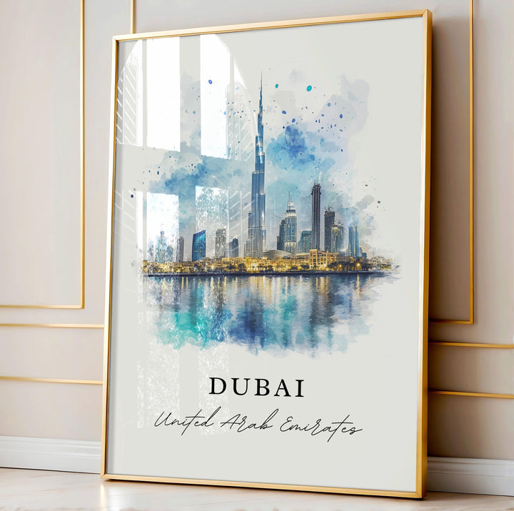 Dubai UAE Wall Art, Dubai Print, Dubai Skyline Watercolor Art, United Arab Emirates Art Gift,