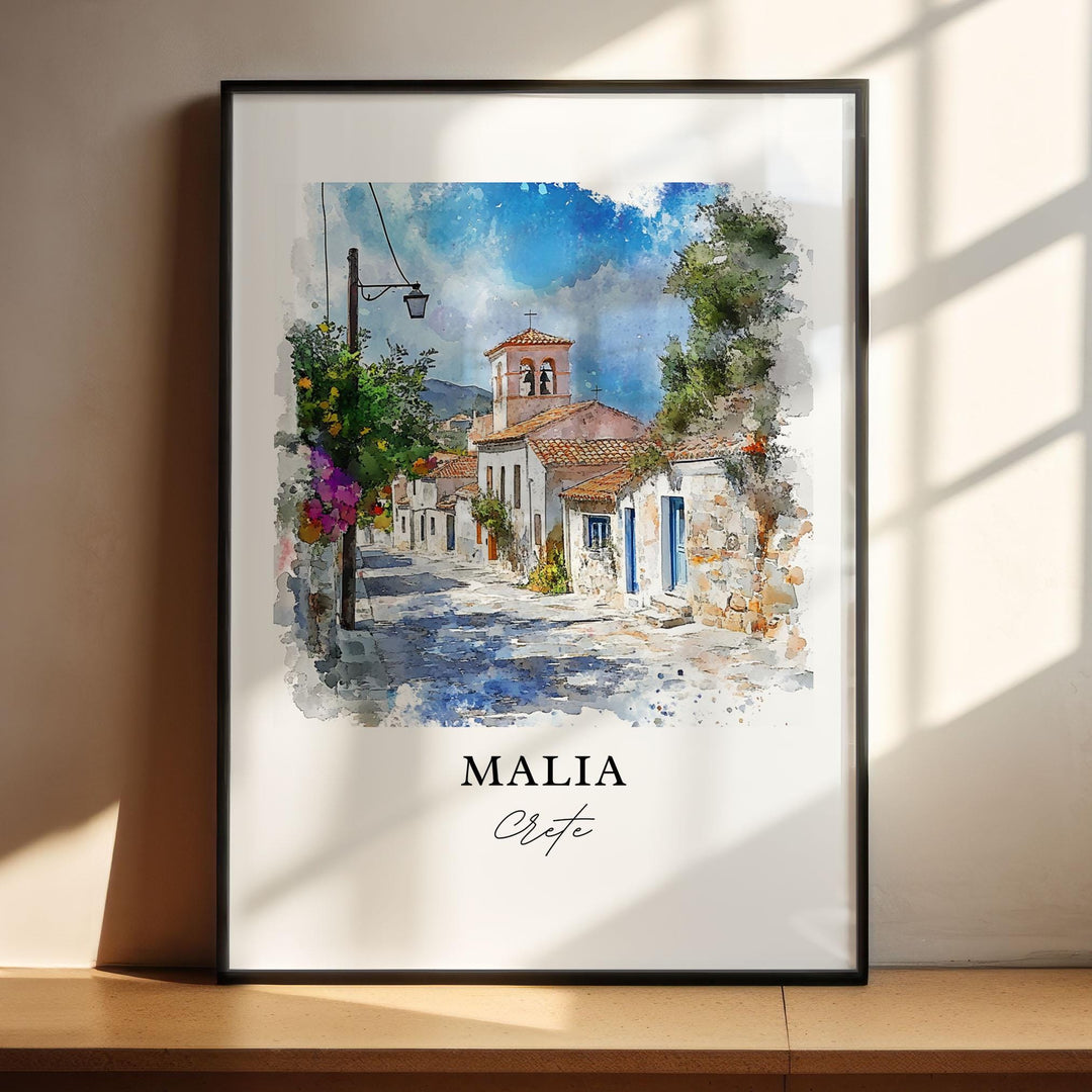 Malia Crete Wall Art, Malia Greece Print, Crete Watercolor Art, Crete Gift, Crete Travel Print, Travel Poster, Housewarming Gift