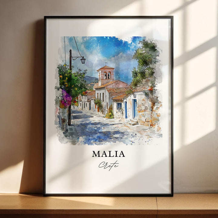 Malia Crete Wall Art, Malia Greece Print, Crete Watercolor Art, Crete Gift, Crete Travel Print, Travel Poster, Housewarming Gift