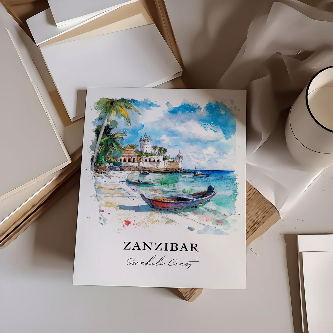 Zanzibar Wall Art, Zanzibar Island Print, Unguja Watercolor Art, Tanzania Gift, Travel Print, Travel Poster, Housewarming Gift