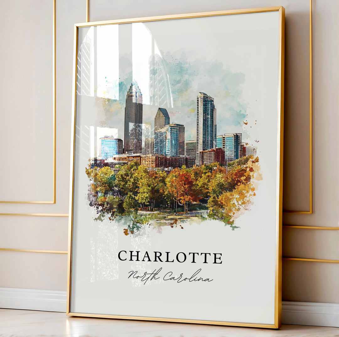 Charlotte NC Wall Art, Charlotte Print, Charlotte Watercolor Art, Charlotte Cityscae Gift,
