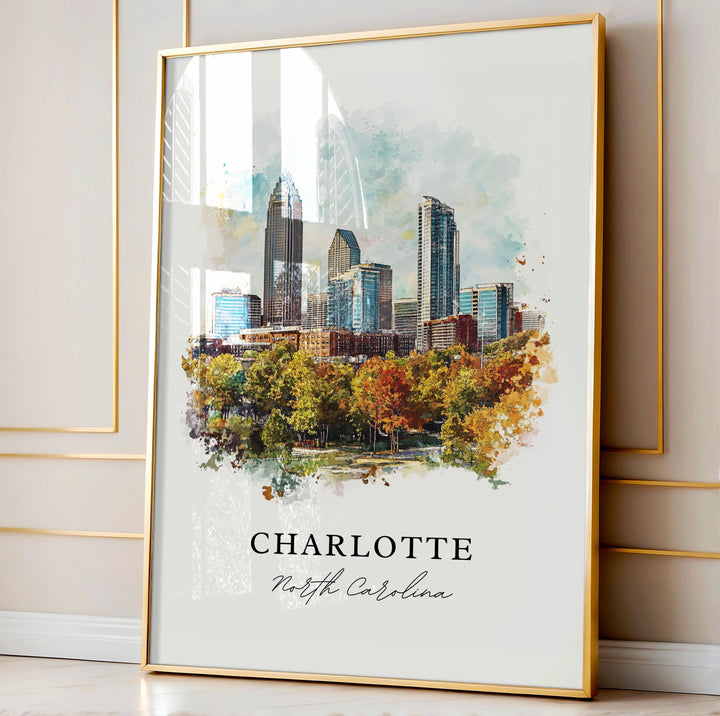 Charlotte NC Wall Art, Charlotte Print, Charlotte Watercolor Art, Charlotte Cityscae Gift,