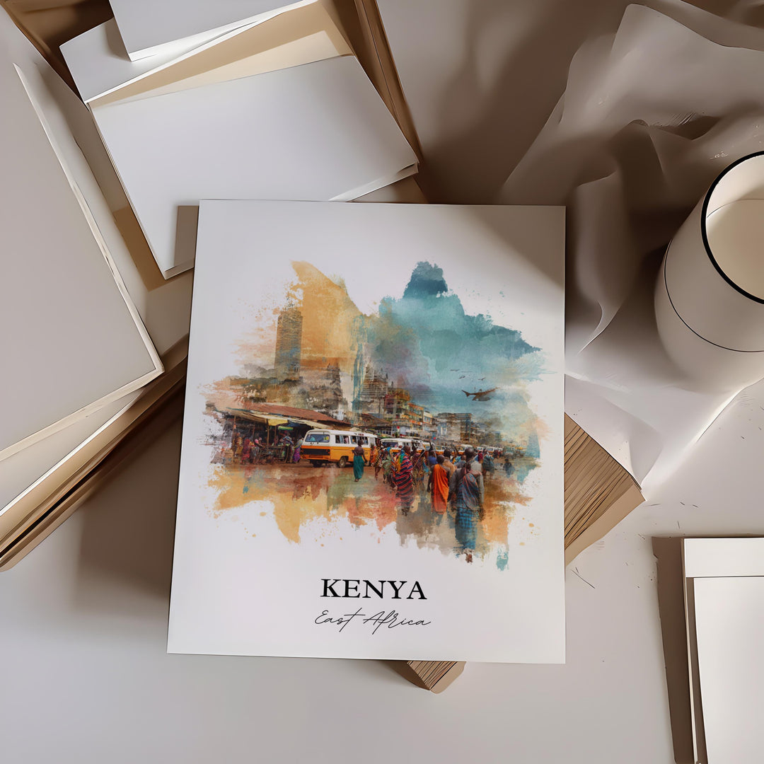 Kenya Wall Art, Kenya Print, Kenya Watercolor Art, East Africa Gift, Travel Print, Travel Poster, Housewarming Gift