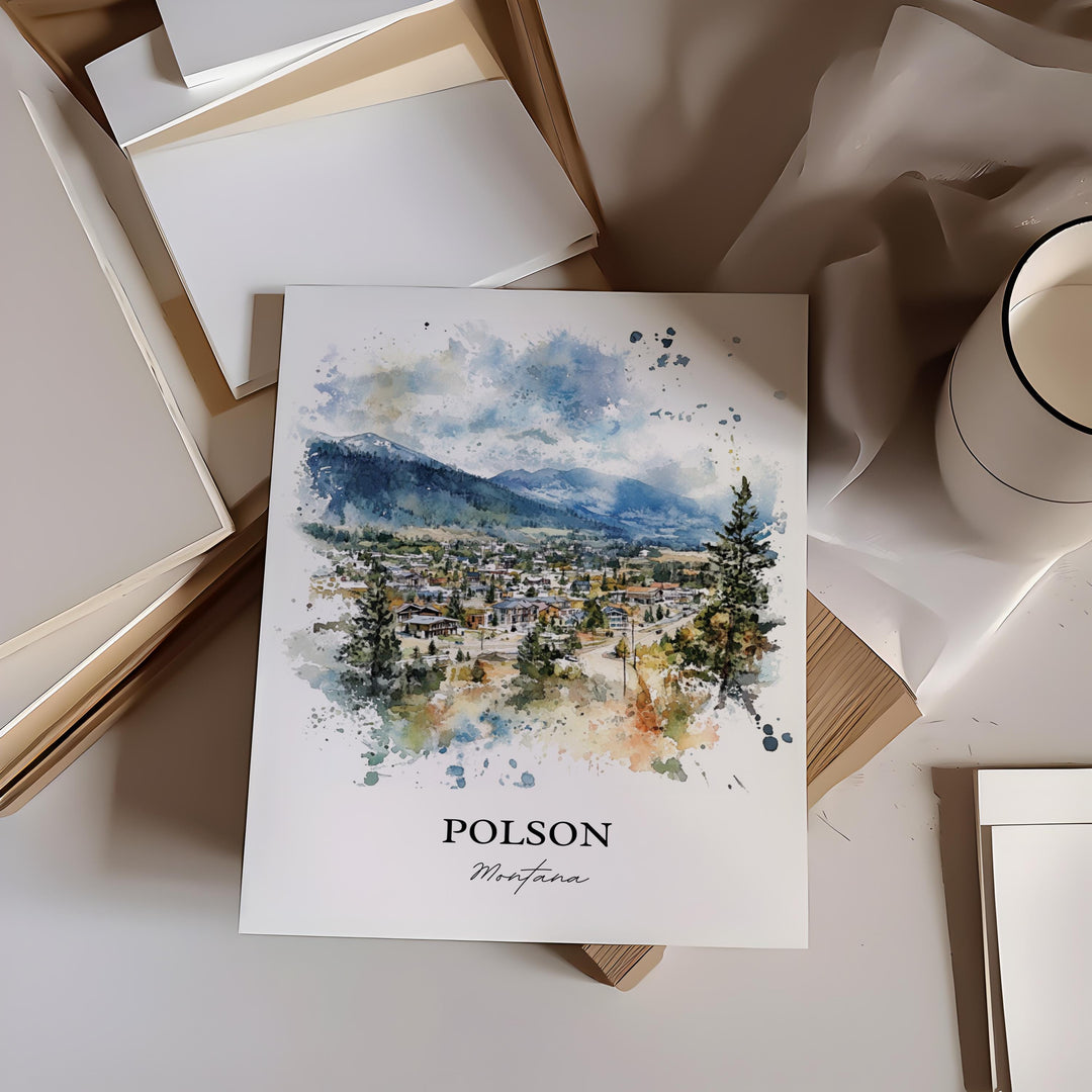 Polson Montana Wall Art, Flathead Lake Print, Montana Watercolor Art, Polson MT Gift, Travel Print, Travel Poster, Housewarming Gift