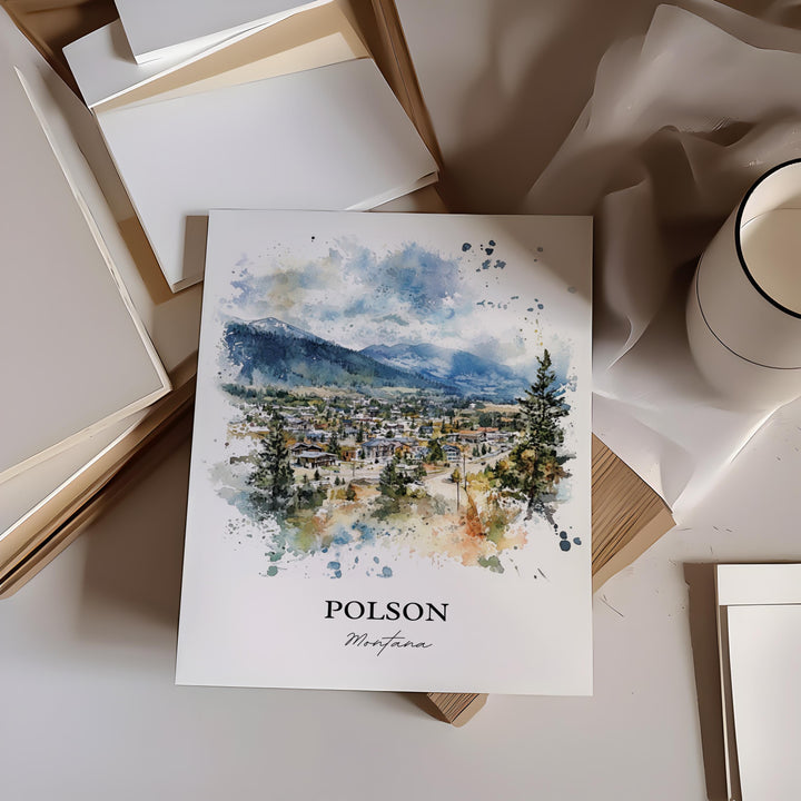 Polson Montana Wall Art, Flathead Lake Print, Montana Watercolor Art, Polson MT Gift, Travel Print, Travel Poster, Housewarming Gift