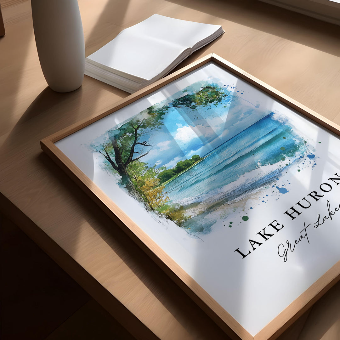 Lake Huron Wall Art, Lake Huron Print, Great Lakes Watercolor Art, Lake Huron Gift, Travel Poster, Housewarming Gift