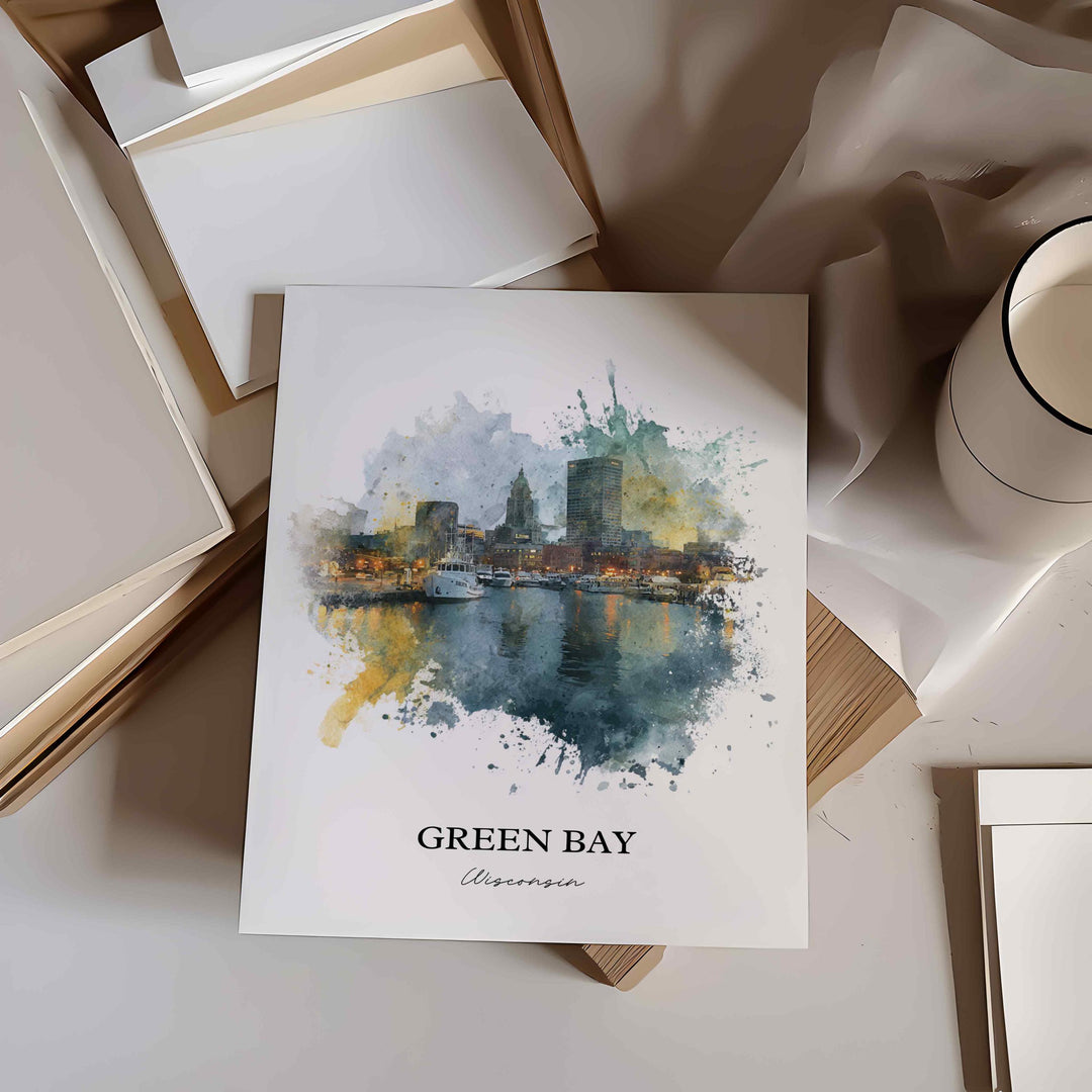 Green Bay WI Wall Art, Green Bay Print, Green Bay Watercolor Art, Green Bay Wisconsin Gift, Travel Print, Travel Poster, Housewarming Gift
