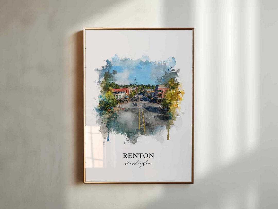 Renton WA Wall Art, Renton Print, Renton Watercolor Art, Renton Washington Gift, Travel Print, Travel Poster, Housewarming Gift