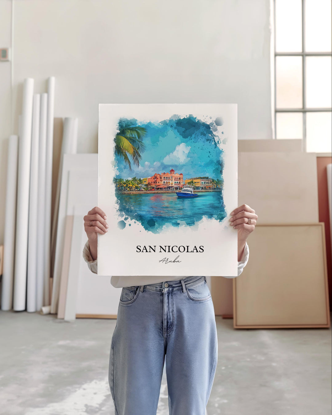 San Nicolas Wall Art, Oranjestad Print, Aruba Watercolor Art, San Nicolas Aruba Gift, Travel Print, Travel Poster, Housewarming Gift