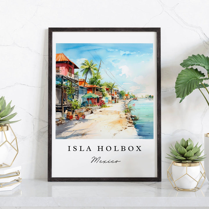 Isla Holbox traditional travel art - Mexico, Isla Holbox poster print, Wedding gift, Birthday present, Custom Text, Perfect Gift