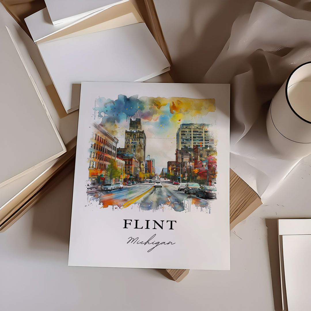 Flint Michigan Wall Art, Flint MI Print, Flint Watercolor Art, Genesee County MI Gift, Travel Poster, Housewarming Gift