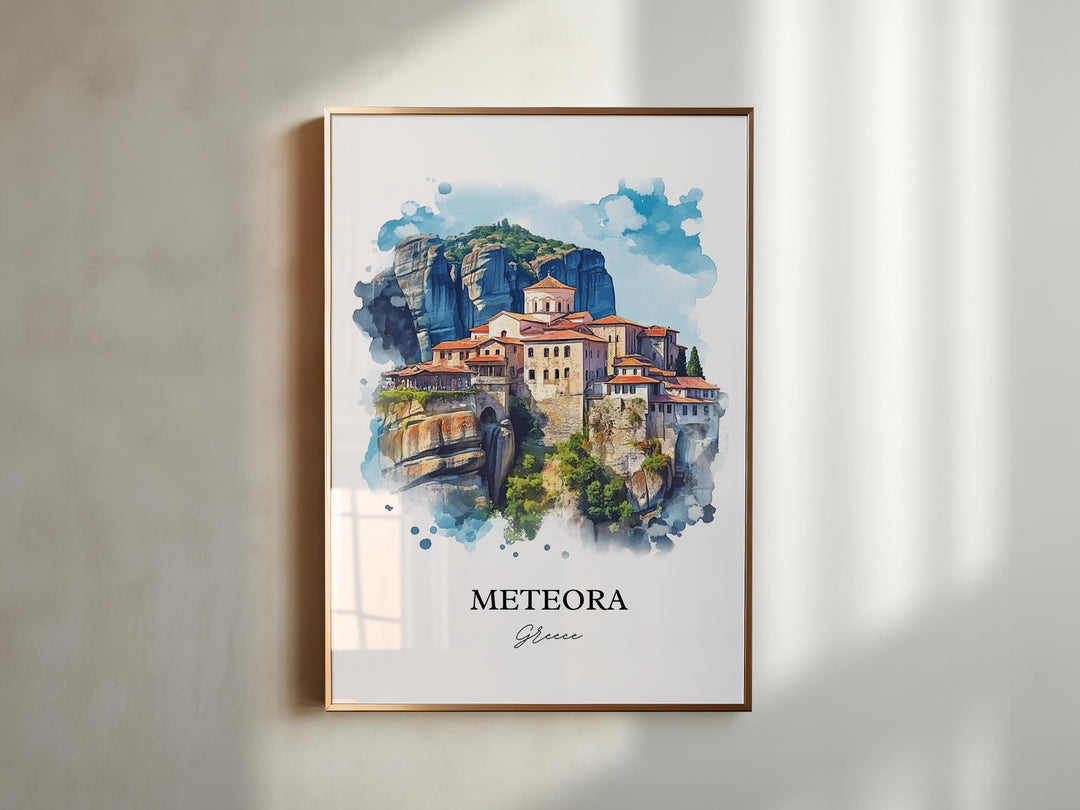 Meteora Wall Art, Meteora Greece Print, Greece Watercolor Art, Trikala Greece Gift, Travel Print, Travel Poster, Housewarming Gift