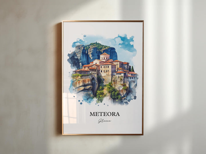 Meteora Wall Art, Meteora Greece Print, Greece Watercolor Art, Trikala Greece Gift, Travel Print, Travel Poster, Housewarming Gift