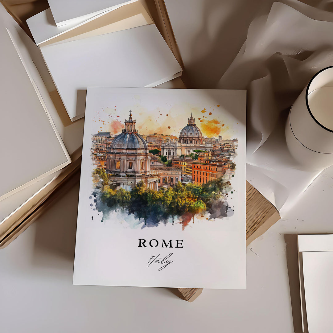 Rome Italy Wall Art, Rome Italy Print, Rome Watercolor Art, Rome Skyline Gift, Italy