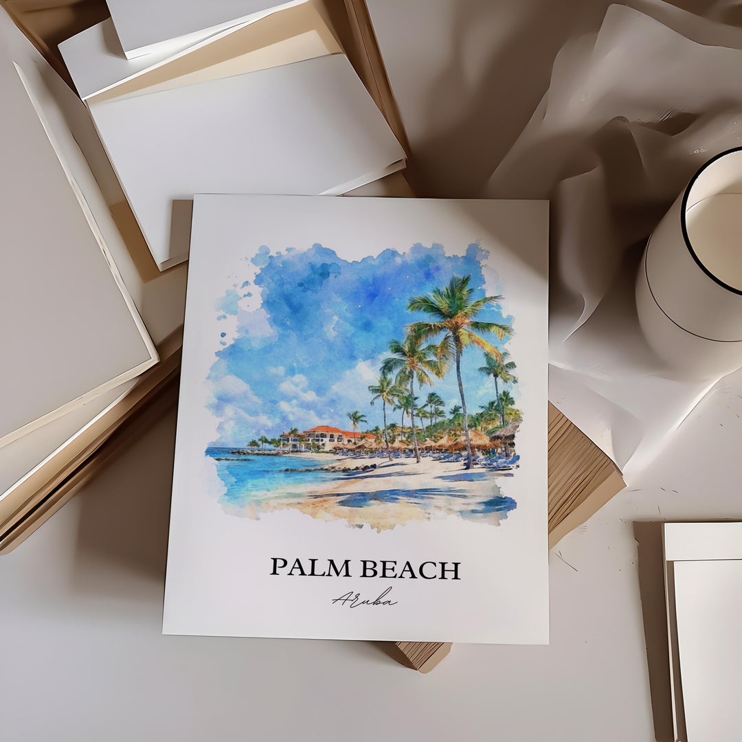 Palm Beach Aruba Art, Oranjestad Print, Aruba Watercolor Art, Palm Beach Aruba Gift, Travel Print, Travel Poster, Housewarming Gift