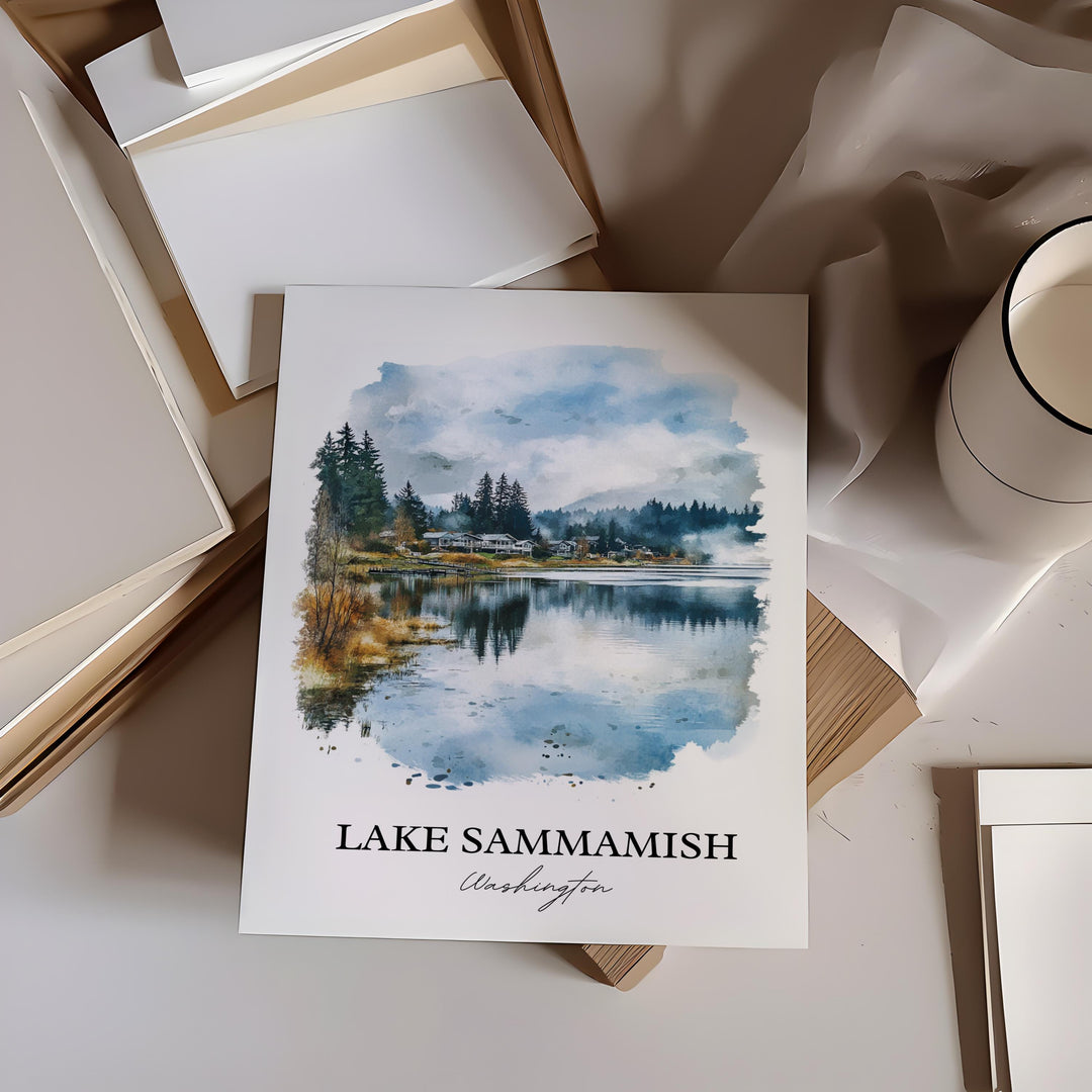 Lake Sammamish Wall Art, Seattle WA Print, Washington Watercolor Art, Lake Sammamish Gift, Travel Print, Travel Poster, Housewarming Gift
