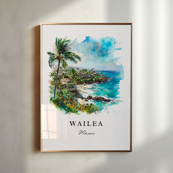 Wailea traditional travel art - Maui Hawaii, Wailea print, Wedding gift, Birthday present, Custom Text, Perfect Gift