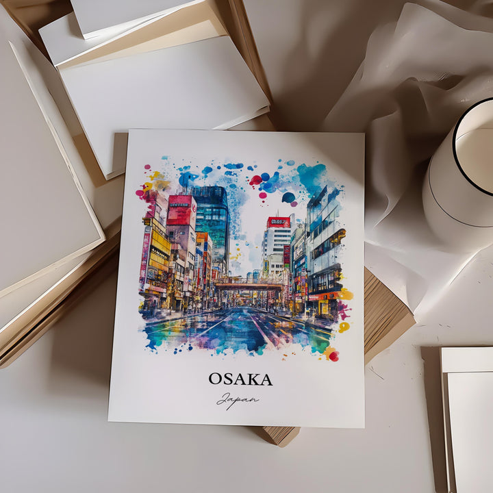 Osaka Wall Art, Osaka Skyline Print, Japan Watercolor Art, Osaka Japan Gift, Travel Print, Travel Poster, Housewarming Gift