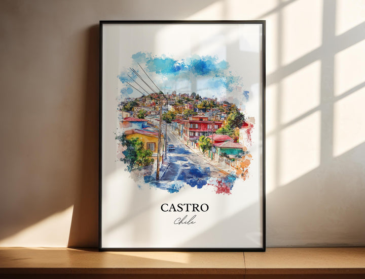 Castro Chile Wall Art, Chiloé Island Print, Chile Watercolor Art, Castro Chile Gift, Travel Print, Travel Poster, Housewarming Gift