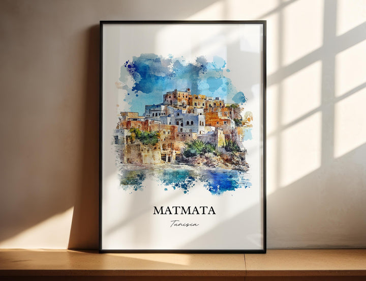 Matmata Wall Art, Southern Tunisia Print, Tunisia Watercolor Art, Matmata Tunisia Gift, Travel Print, Travel Poster, Housewarming Gift