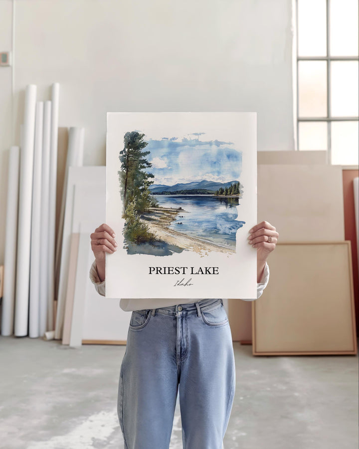 Priest Lake Wall Art, Nordman ID Print, Priest Lake Watercolor Art, Priest Lake Gift, Travel Print, Travel Poster, Housewarming Gift