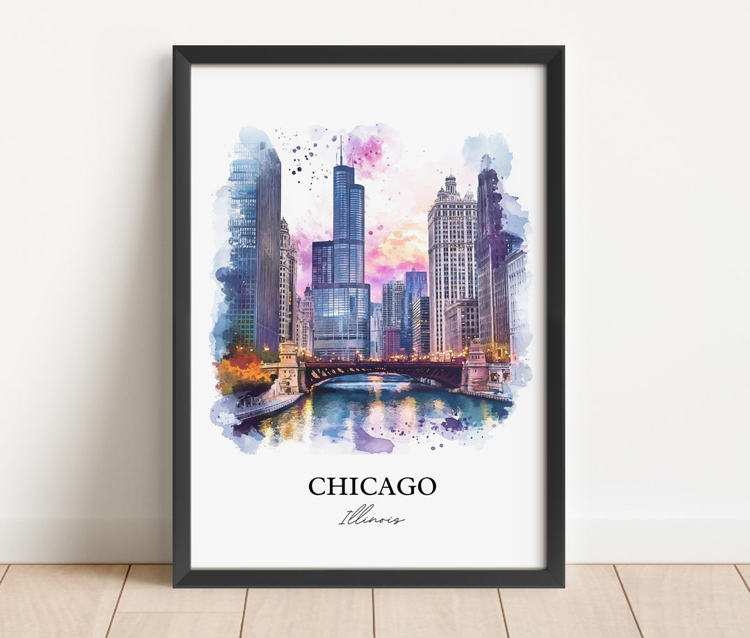 Chicago Wall Art, Chicago Print, Chicago Illinois Watercolor Art, Chicago Skyline Gift, Travel Print, Travel Poster, Housewarming Gift