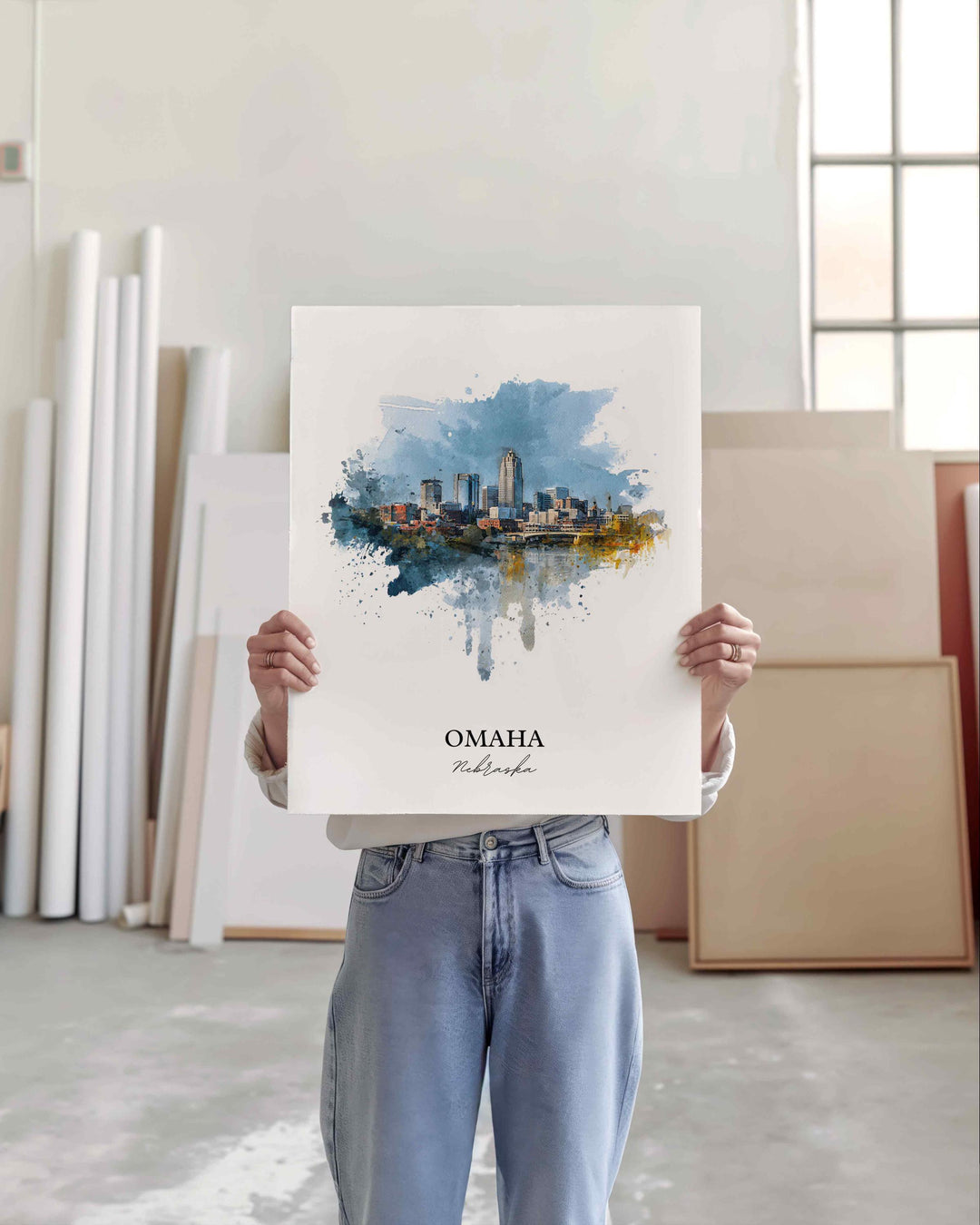 Omaha Nebraska Wall Art, Omaha Print, Nebraska Watercolor Art, Omaha NE Skyline Gift, Travel Print, Travel Poster, Housewarming Gift