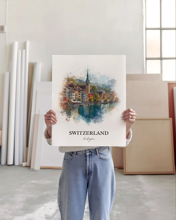 Switzerland Art, Switzerland Print, Switzerland Watercolor Art, Switzerland Country Gift, Travel Print, Travel Poster, Housewarming Gift