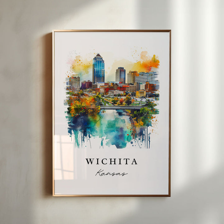 Wichita watercolor travel art - Kansas, Wichita print, Wedding gift, Birthday present, Custom Text, Perfect Gift