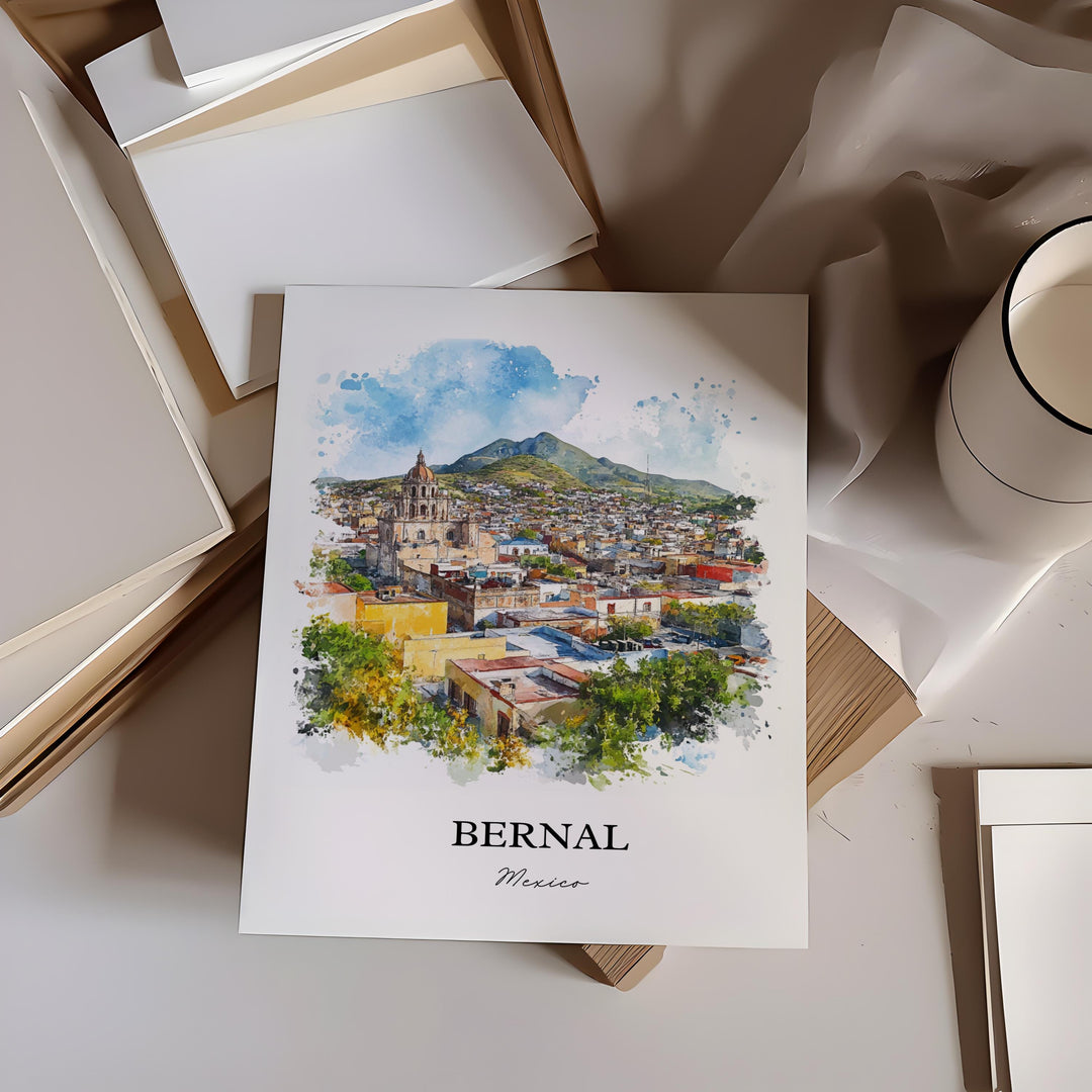 Bernal Mexico Wall Art, Querétaro Print, Mexico Watercolor Art, Bernal Mexico Gift, Travel Print, Travel Poster, Housewarming Gift