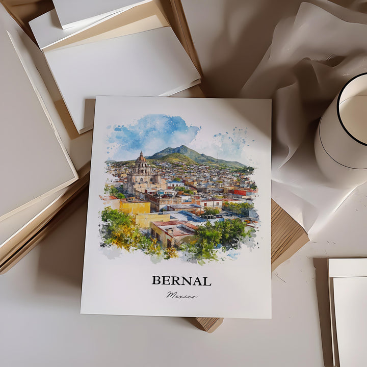 Bernal Mexico Wall Art, Querétaro Print, Mexico Watercolor Art, Bernal Mexico Gift, Travel Print, Travel Poster, Housewarming Gift