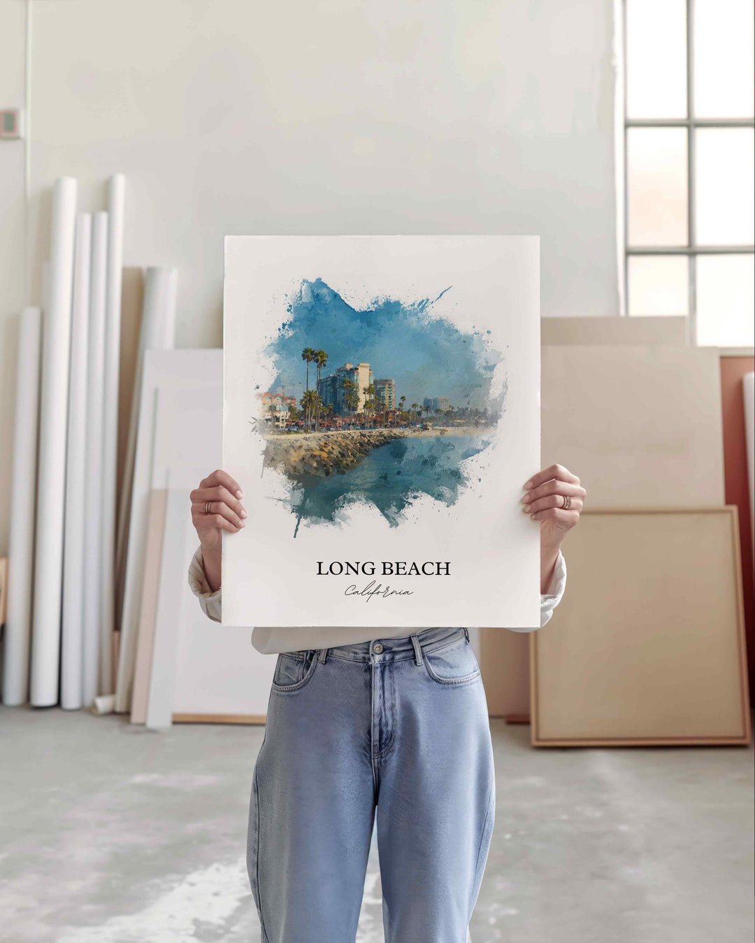Long Beach CA Wall Art, Long Beach Print, California Watercolor Art, Queensway Bay Gift, Travel Print, Travel Poster, Housewarming Gift