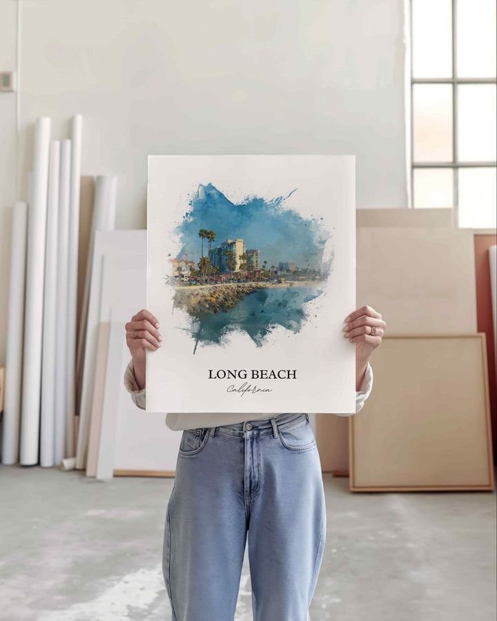 Long Beach CA Wall Art, Long Beach Print, California Watercolor Art, Queensway Bay Gift, Travel Print, Travel Poster, Housewarming Gift