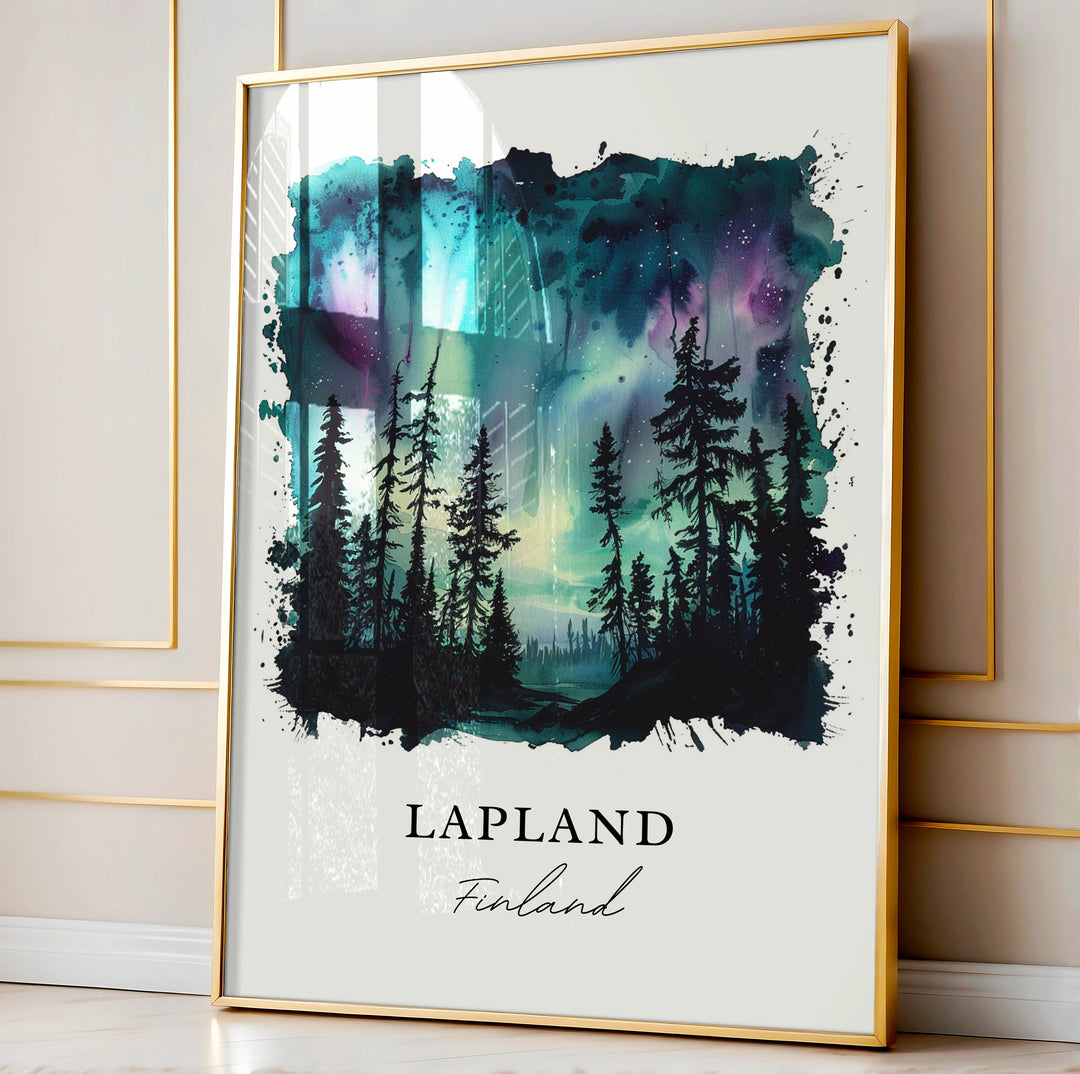 Lapland Finland Wall Art, Lapland Print, Lapland Watercolor, Northern Lights Gift,