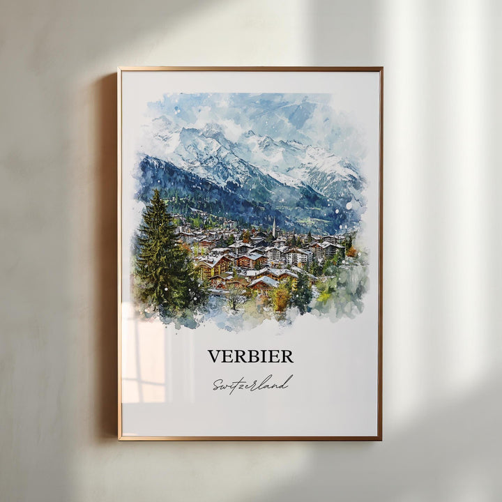 Verbier Wall Art, Verbier Switzerland Print, Switzerland Watercolor Art, Valais Canton Gift, Travel Print, Travel Poster, Housewarming Gif