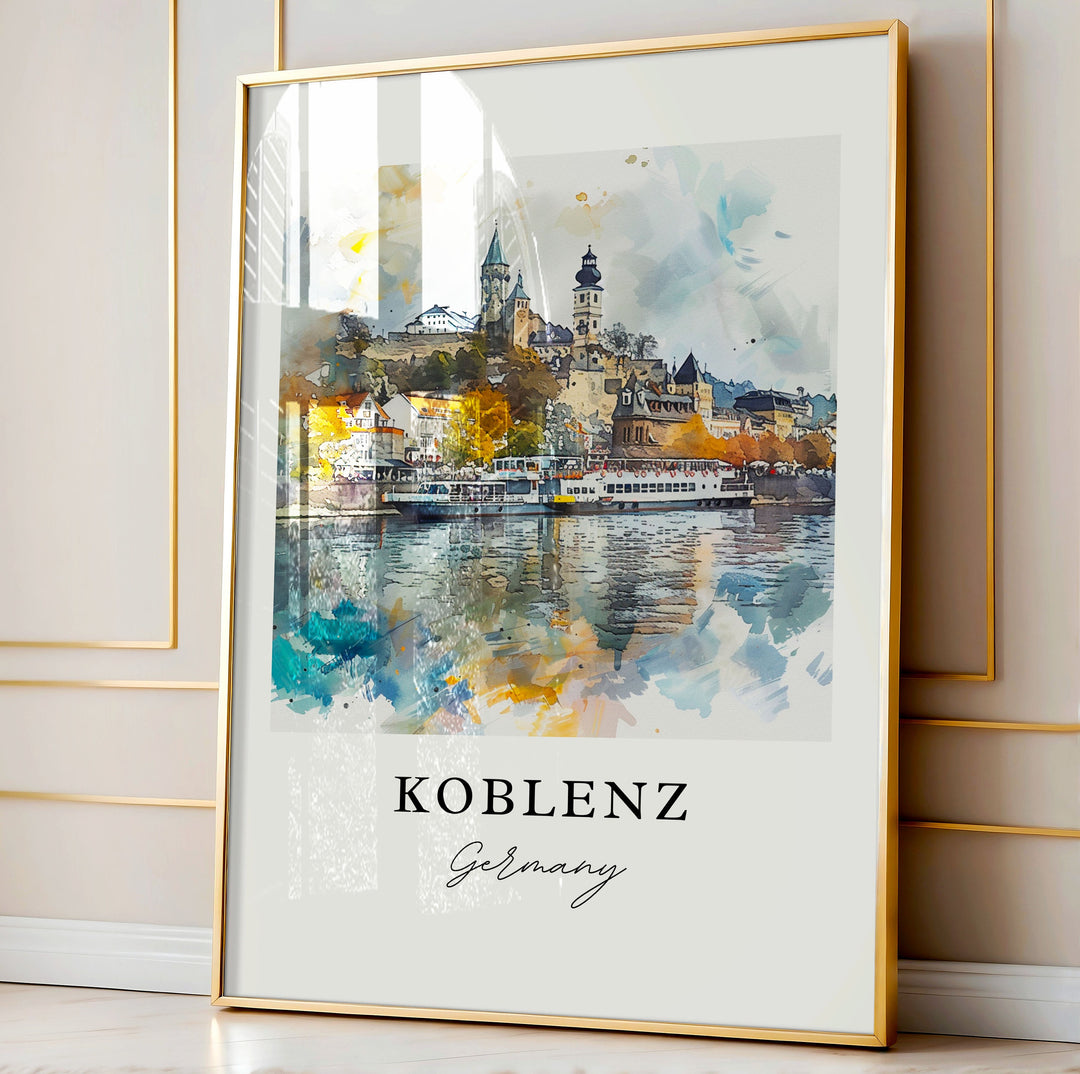 Koblenz Germany Art, Koblenz Print, Koblenz Watercolor Art, Rhine River Gift,